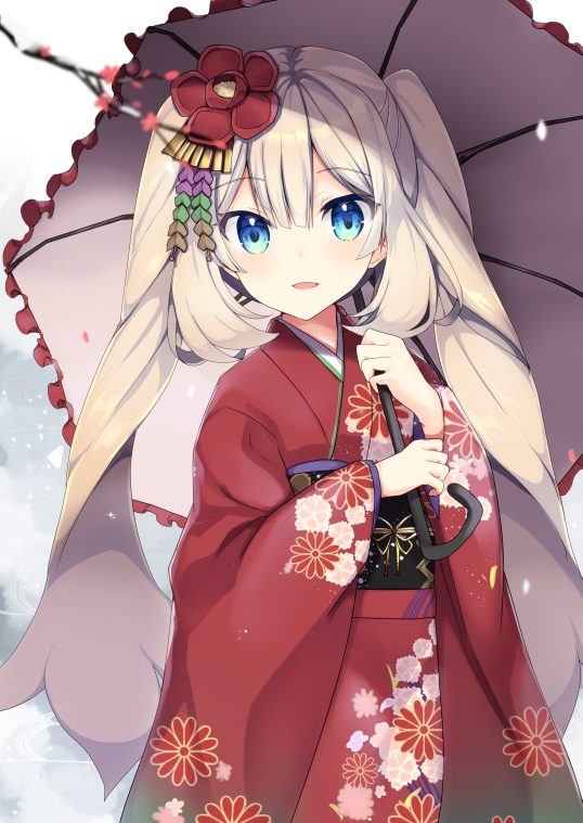 ameshizuku_natsuki bangs blonde_hair blue_eyes blush commentary_request eyebrows_visible_through_hair fate/grand_order fate_(series) floral_print hair_between_eyes hair_ornament head_tilt holding holding_umbrella japanese_clothes kimono long_hair long_sleeves looking_at_viewer marie_antoinette_(fate/grand_order) obi parted_lips print_kimono red_kimono sash sidelocks smile solo twintails umbrella very_long_hair white_background wide_sleeves