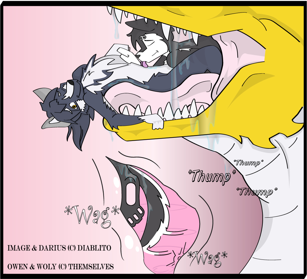 anthro badger canine dar1ius diablito_(artist) digital_media_(artwork) dog dragon drooling feral fur horn hybrid infinite licking lying malamute male male/male mammal maw_play mustelid nude open_mouth oral_vore owen saliva scalie size_difference smile teeth tongue tongue_out vore wet wolf wolfywetfurr
