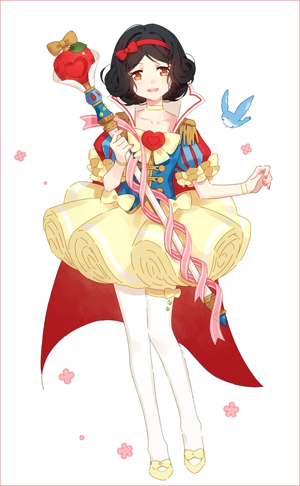 adapted_costume bird black_hair bow brown_eyes bubble_skirt cape choker disney flower hair_bow hair_ribbon hakusai_(tiahszld) high_collar looking_at_viewer magical_girl open_mouth pauldrons puffy_short_sleeves puffy_sleeves ribbon short_hair short_sleeves simple_background skirt smile snow_white_(disney) snow_white_and_the_seven_dwarfs solo staff white_background white_legwear