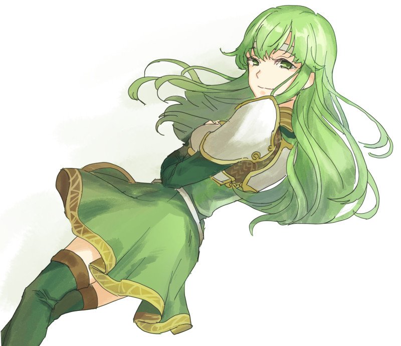 armor boots elbow_gloves fire_emblem fire_emblem:_monshou_no_nazo fire_emblem_echoes:_mou_hitori_no_eiyuuou gloves green_eyes green_hair hashiko_(neleven) headband long_hair looking_at_viewer paola pegasus_knight skirt smile solo thighhighs