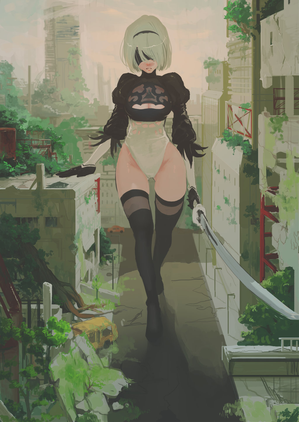 1girl black_gloves black_legwear blindfold breasts car city cleavage cleavage_cutout covered_eyes day giantess gloves gluteal_fold ground_vehicle hairband highres holding holding_sword holding_weapon juliet_sleeves katana leotard loncspace long_sleeves motor_vehicle nier_(series) nier_automata outdoors parted_lips puffy_sleeves ruins short_hair silver_hair solo standing sword thighhighs tree walking weapon white_leotard yorha_no._2_type_b