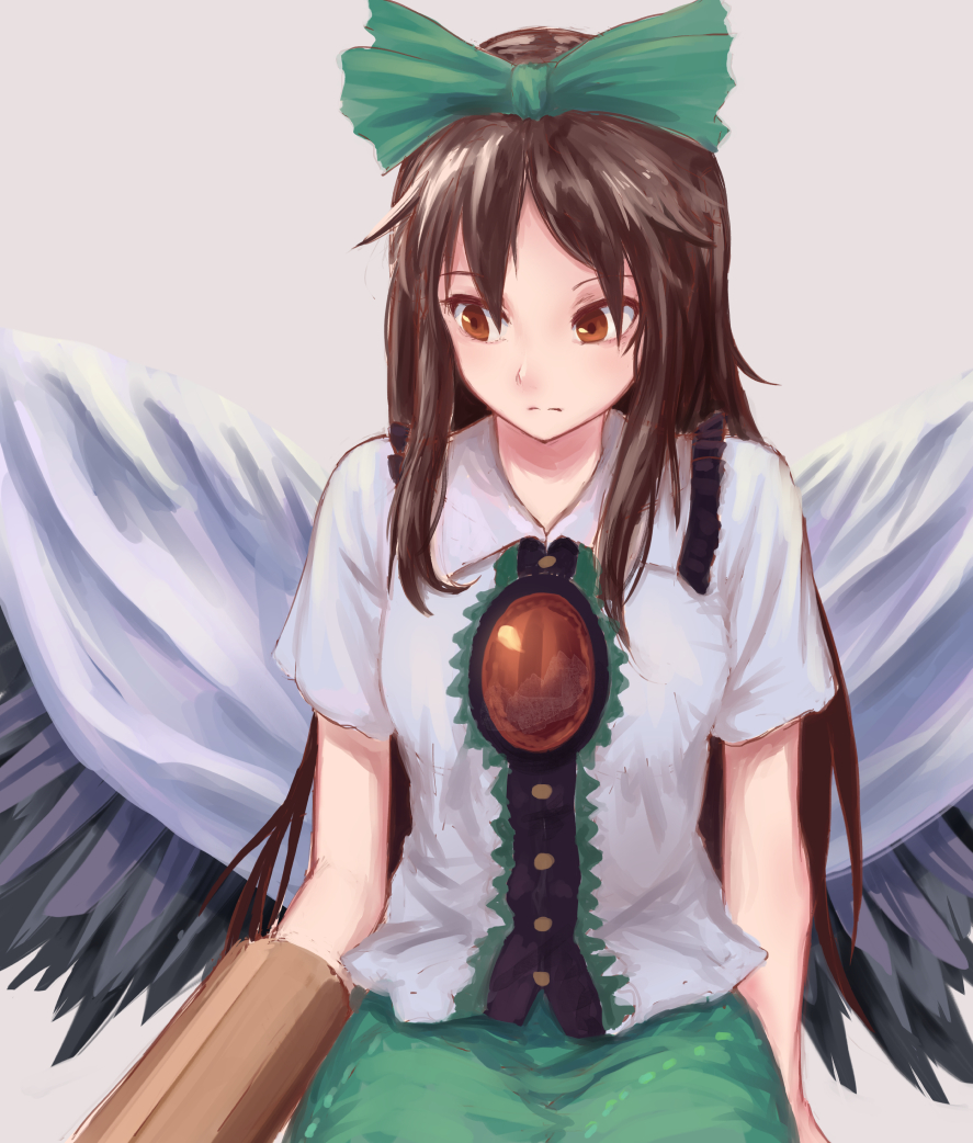 black_hair black_wings bow brown_eyes cape closed_mouth control_rod frilled_shirt_collar frills green_bow green_skirt long_hair looking_to_the_side reflection reiuji_utsuho roke_(taikodon) shirt short_sleeves simple_background skirt solo third_eye touhou white_shirt wings