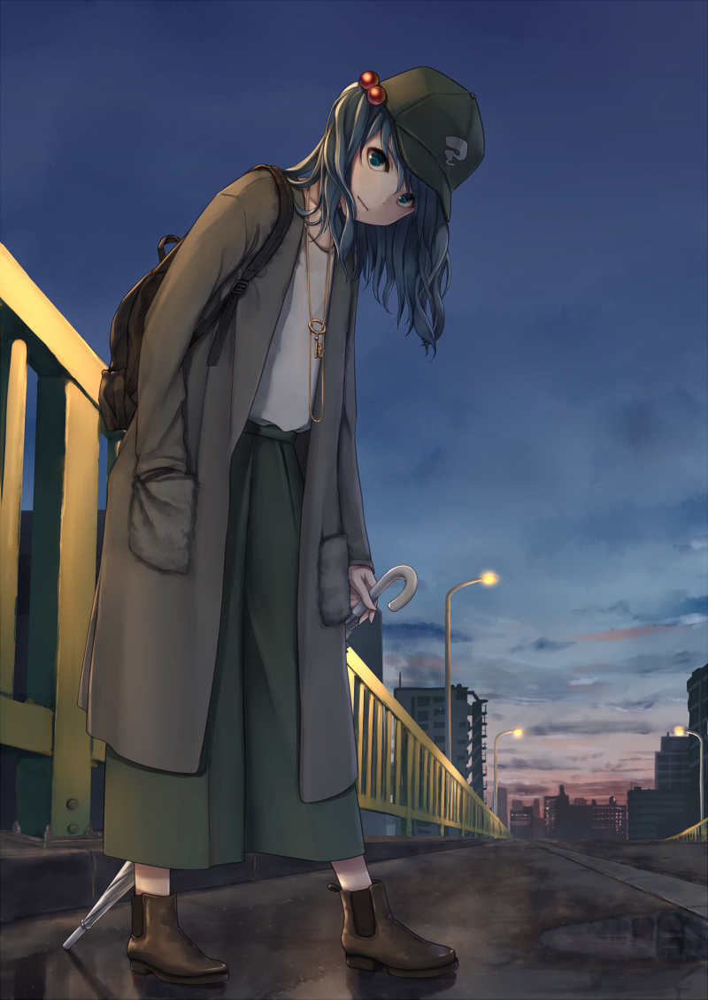 alternate_costume backpack bag blue_eyes blue_hair brown_footwear casual closed_mouth cloud coat contemporary dtvisu green_hat green_skirt hair_bobbles hair_ornament hand_in_pocket hat holding kawashiro_nitori key leaning_forward light_smile long_hair long_skirt looking_at_viewer outdoors shirt shoes skirt sky solo touhou umbrella white_shirt