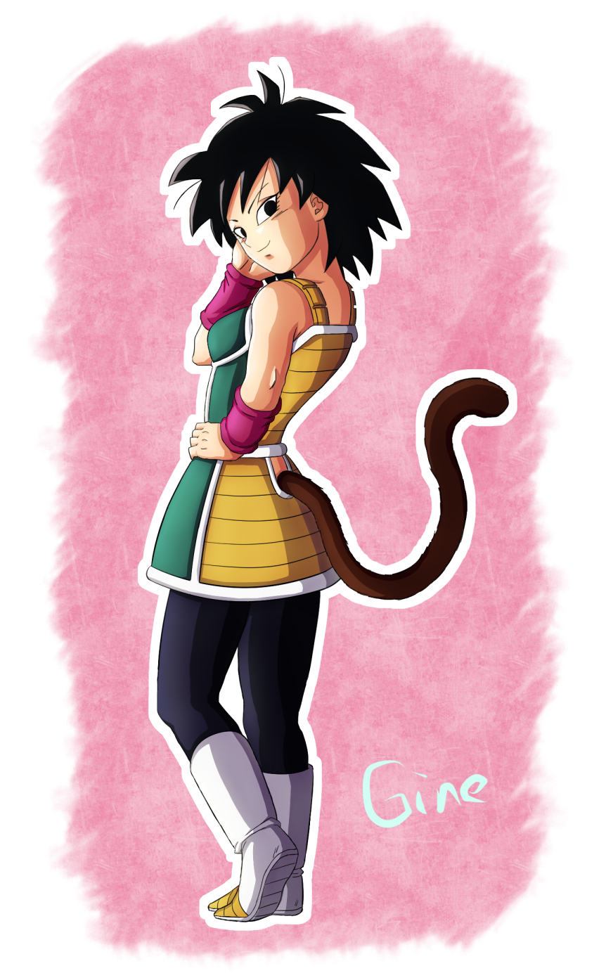 armor bare_shoulders black_eyes black_hair boots breasts character_name dragon_ball gine hand_on_hip highres looking_back monkey_tail outline pink_background shinopia shiny shiny_hair short_hair small_breasts smile solo tail white_background wristband