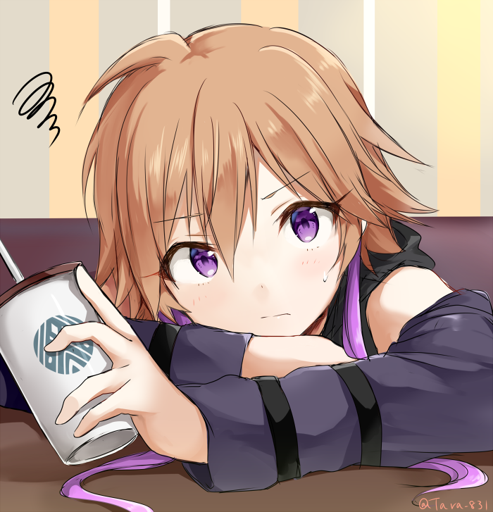 arm_support arm_warmers arms_on_table black_shirt blush chin_rest coffee_cup cup detached_sleeves disposable_cup eyebrows_visible_through_hair hair_between_eyes head_rest head_tilt holding holding_cup idolmaster idolmaster_cinderella_girls indoors light_blush looking_at_viewer multicolored_hair ninomiya_asuka orange_hair purple_eyes purple_hair shirt signature solo squiggle tarachine twitter_username two-tone_hair