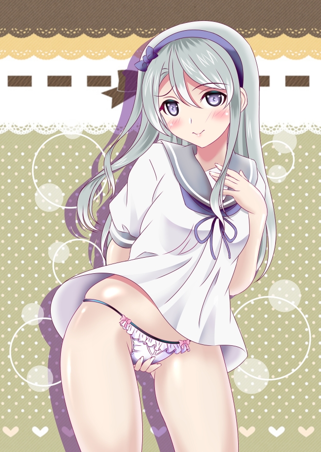 aka_kitsune arm_behind_back bangs between_legs blue_ribbon blush bow closed_mouth contrapposto covering covering_crotch cowboy_shot eyebrows_visible_through_hair frilled_panties frills grabbing grabbing_from_behind hair_bow hairband hand_between_legs hand_on_own_chest heart kantai_collection legs_apart lips looking_at_viewer no_pants panties pink_panties polka_dot polka_dot_background purple_bow purple_hairband ribbon sagiri_(kantai_collection) shirt short_sleeves silver_hair skindentation smile solo standing swept_bangs tareme thighs underwear white_shirt