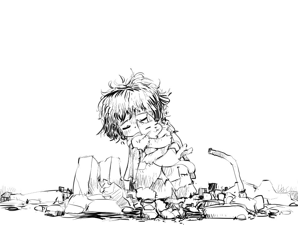 cat closed_eyes coat debris dirty_face greyscale happy holding homeless hug messy_hair monochrome ohyo original patches shoes short_hair smile solo |3
