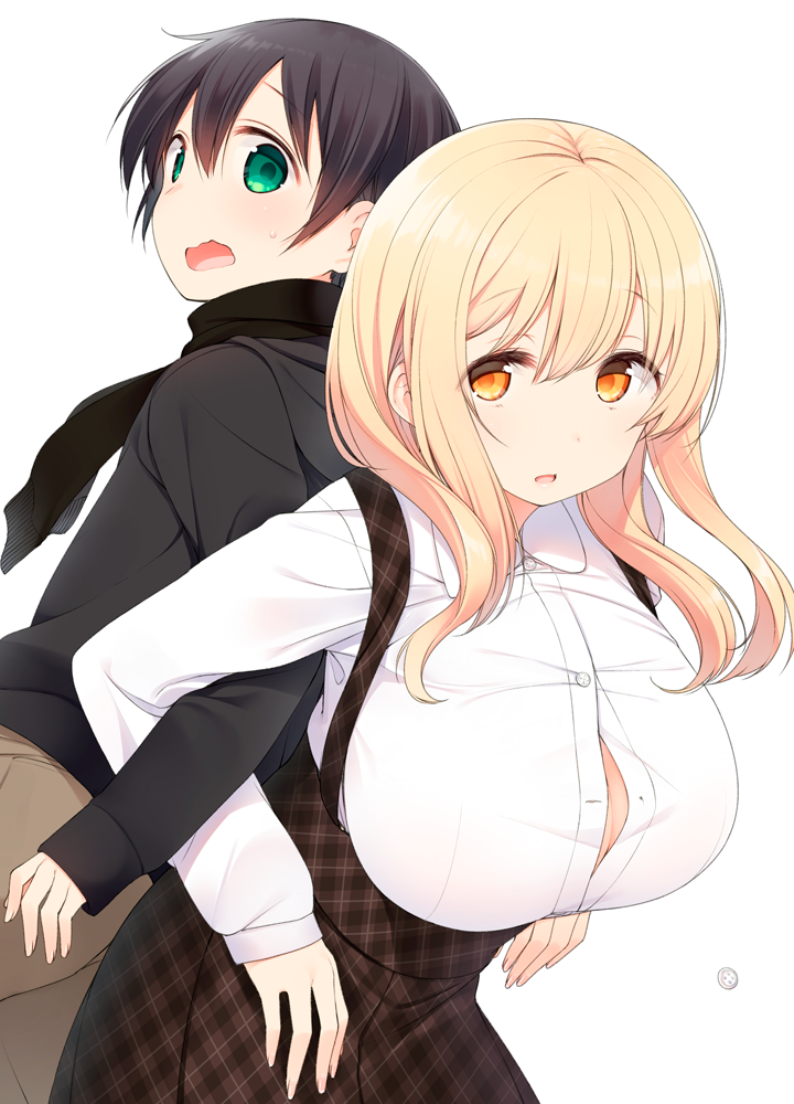 1girl age_difference back-to-back bad_id bad_pixiv_id black_hair black_scarf black_sweater blonde_hair blush breasts bursting_breasts button_gap buttons chestnut_mouth collared_shirt dress_shirt eyebrows_visible_through_hair flying_button green_eyes hair_between_eyes high-waist_skirt large_breasts locked_arms long_hair long_sleeves looking_at_another looking_back nekoume official_art open_mouth orange_eyes parted_lips popped_button scarf shiina_aki shirt skirt standing sunohara_ayaka sunoharasou_no_kanrinin-san suspender_skirt suspenders sweatdrop sweater wardrobe_malfunction wavy_mouth white_shirt