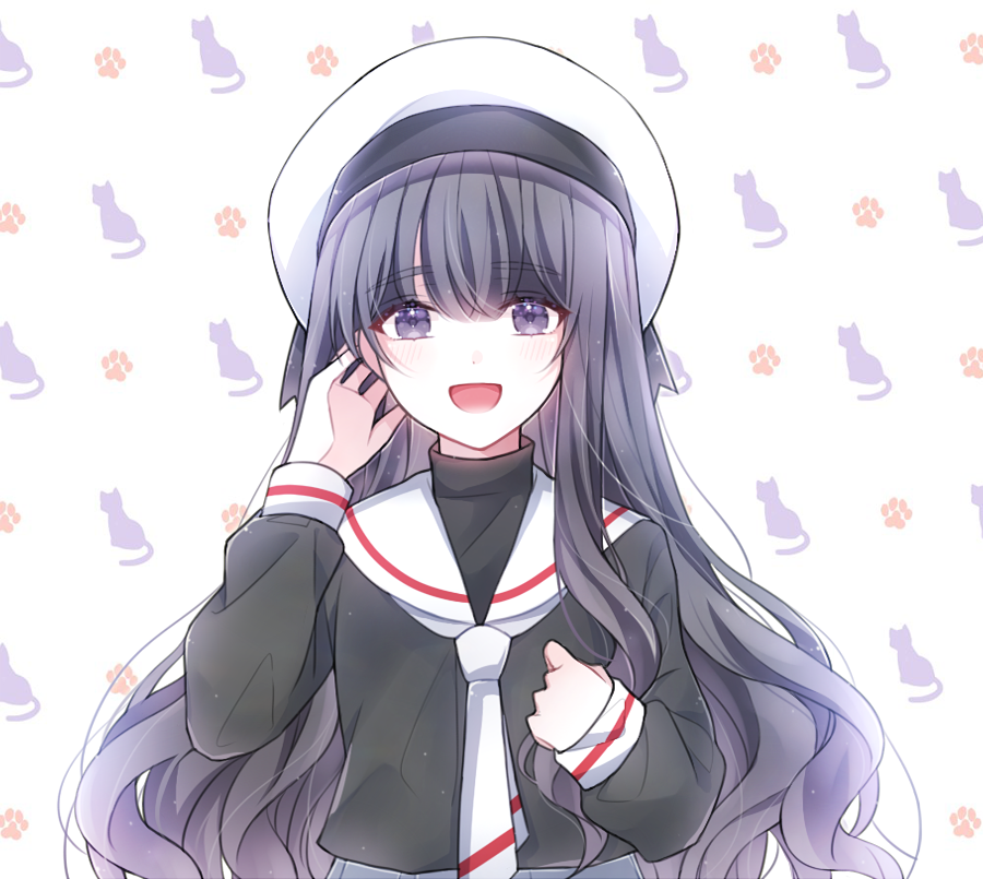 :d adjusting_hair black_hair cardcaptor_sakura cat commentary_request daidouji_tomoyo hat long_hair looking_at_viewer mattang open_mouth purple_eyes school_hat school_uniform serafuku smile solo tomoeda_elementary_school_uniform