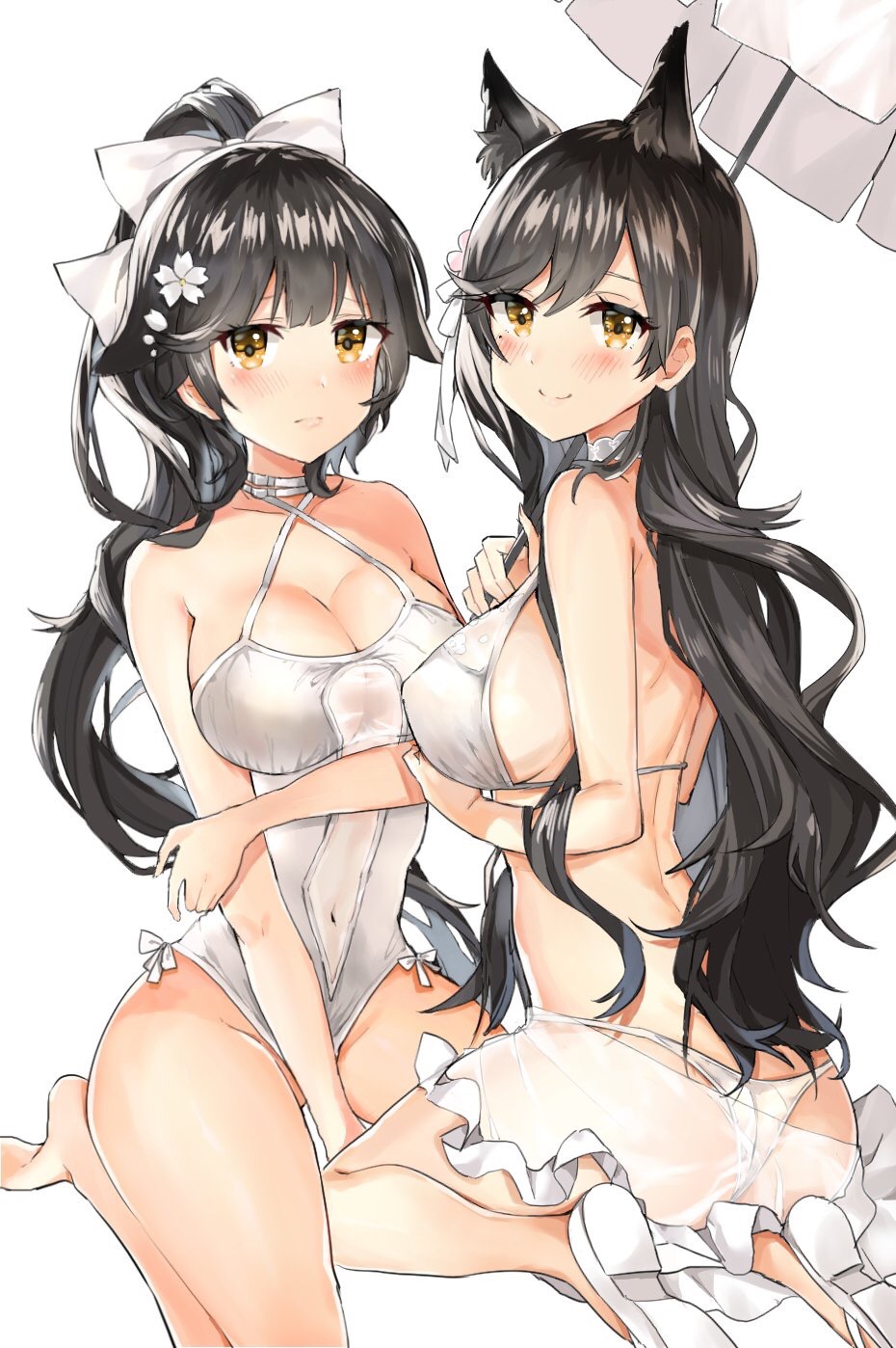 animal_ears ass atago_(azur_lane) azur_lane barefoot bikini black_hair bow breasts casual_one-piece_swimsuit cleavage criss-cross_halter dog_ears hair_bow hair_flaps halterneck highres large_breasts looking_at_viewer mole mole_under_eye multiple_girls one-piece_swimsuit open_toe_shoes ponytail sakuno_rika sarong simple_background sitting swimsuit takao_(azur_lane) umbrella wariza white_background white_bikini white_bow white_swimsuit yellow_eyes