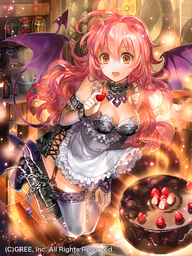 :d apron arm_belt bad_id bad_pixiv_id bangs bare_shoulders black_footwear boots breasts cake chocolate choker cleavage demon_girl demon_tail demon_wings detached_sleeves eyebrows_visible_through_hair fishnet_legwear fishnets flying food fruit hair_between_eyes holding holding_food holding_fruit indoors jewelry light_particles long_hair looking_at_viewer medium_breasts necklace official_art open_mouth orange_eyes pink_hair rioka_(southern_blue_sky) seisen_cerberus smile solo strawberry tail thighhighs vial watermark wings
