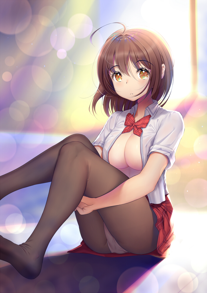 ahoge backlighting black_legwear blurry blush bokeh bow breasts brown_hair cleavage closed_mouth collared_shirt day depth_of_field eyebrows_visible_through_hair frown knees_up large_breasts leg_hug lens_flare looking_at_viewer miniskirt no_bra no_pupils no_shoes open_clothes open_shirt original panties panties_under_pantyhose pantyhose pantyshot pantyshot_(sitting) plaid plaid_skirt red_bow red_neckwear red_skirt school_uniform shirt short_hair short_sleeves sitting skirt solo sunlight tareme underwear upskirt white_panties white_shirt wing_collar xiaosan_ye