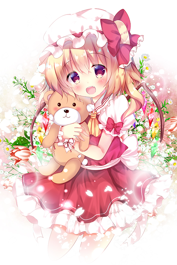 ascot blonde_hair bow commentary_request flandre_scarlet hat hat_bow holding looking_at_viewer mob_cap open_mouth petticoat puffy_short_sleeves puffy_sleeves red_bow red_eyes rikatan short_sleeves side_ponytail smile solo stuffed_animal stuffed_toy teddy_bear touhou wings yellow_neckwear