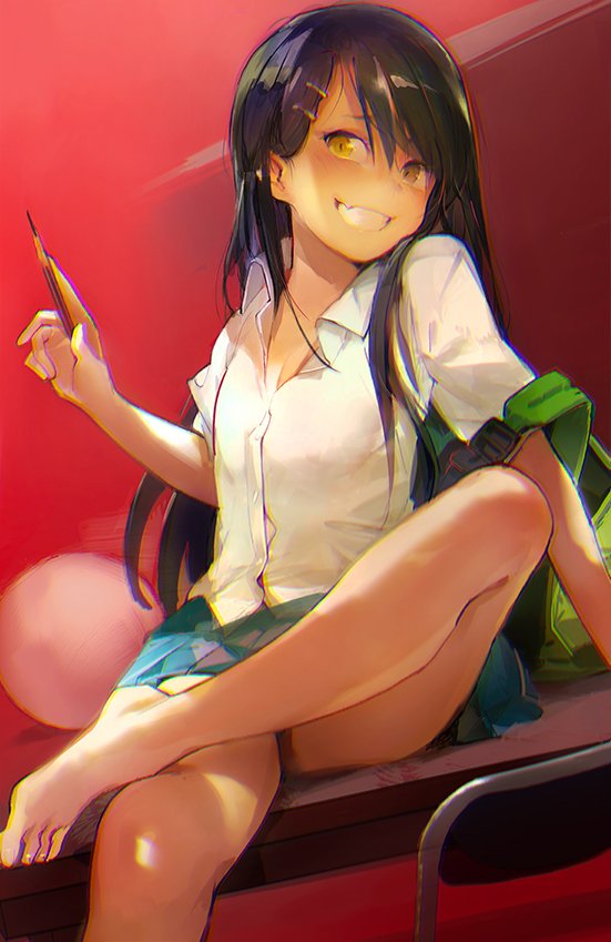 barefoot black_hair blue_skirt blush borrowed_character breasts chair chromatic_aberration cleavage convenient_leg dark_skin desk fang feet green_backpack grin hair_ornament hairpin ijiranaide_nagatoro-san leg_up light long_hair looking_at_viewer nagatoro on_desk pencil red_background shirt sitting sitting_on_desk skirt small_breasts smile solo souji_hougu toes unbuttoned unbuttoned_shirt white_shirt yellow_eyes