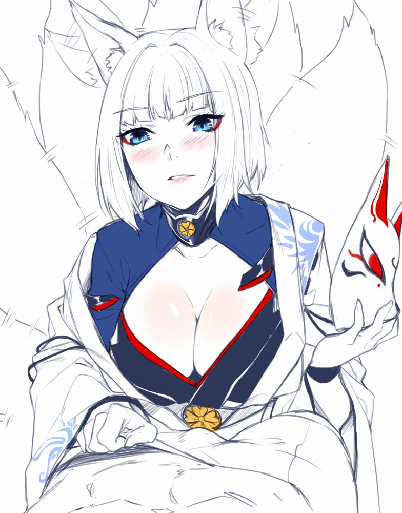 1girl animal_ears azur_lane bangs blue_eyes blunt_bangs blush breasts bulge cleavage cleavage_cutout deras eyebrows_visible_through_hair eyeshadow fox_ears fox_mask fox_tail hetero holding holding_mask japanese_clothes kaga_(azur_lane) large_breasts lips long_sleeves looking_at_viewer makeup mask mask_removed multiple_tails parted_lips partially_colored pov short_hair spot_color tail tail_wagging wide_sleeves wristband
