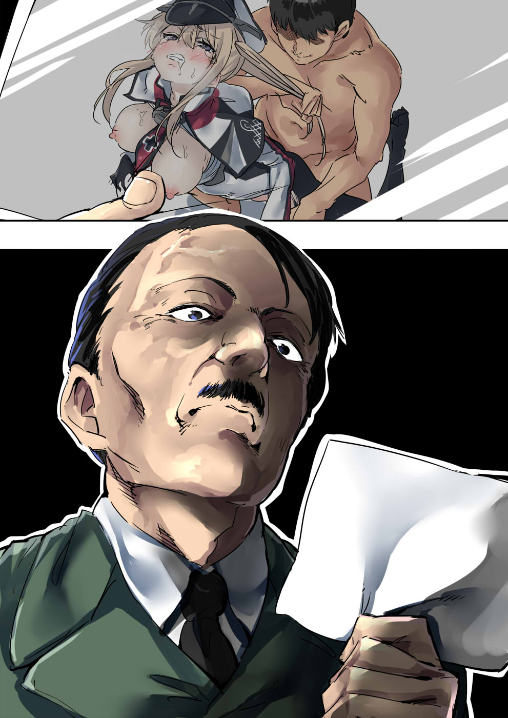 2boys adolf_hitler anchor bad_id bad_twitter_id bangs black_eyes black_gloves black_hair black_legwear black_neckwear black_ribbon blonde_hair blush breasts breasts_outside capelet clenched_teeth closed_mouth clothed_female_nude_male collared_shirt drooling ebifurya eyebrows_visible_through_hair facial_hair gloves graf_zeppelin_(kantai_collection) hair_between_eyes hair_pull hat hetero highres holding inactive_account iron_cross kantai_collection long_hair long_sleeves medium_breasts multiple_boys mustache neck_ribbon necktie nipples no_shoes nude pantyhose peaked_cap photo_(object) ribbon saliva sex shaded_face shirt sidelocks sweat tears teeth torn_clothes torn_legwear twintails white_shirt