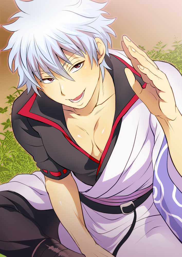 :d boots brown_background collarbone eyebrows_visible_through_hair gintama gradient gradient_background grass hadanugi_dousa indian_style japanese_clothes jitome kimono long_sleeves looking_at_viewer male_focus open_mouth pectorals red_eyes sakata_gintoki short_sleeves silver_hair sitting smile solo tokimachi_eisei