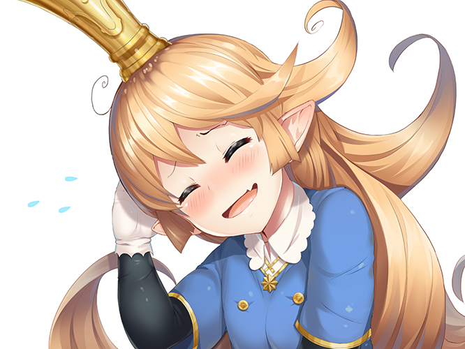 blonde_hair blue_shirt blush charlotta_fenia closed_eyes collared_shirt commentary crown fang flying_sweatdrops furrowed_eyebrows gloves granblue_fantasy hair_between_eyes harvin head_tilt long_hair o_(rakkasei) parted_lips pointy_ears shirt short_sleeves simple_background smile solo upper_body white_background white_gloves white_shirt wing_collar