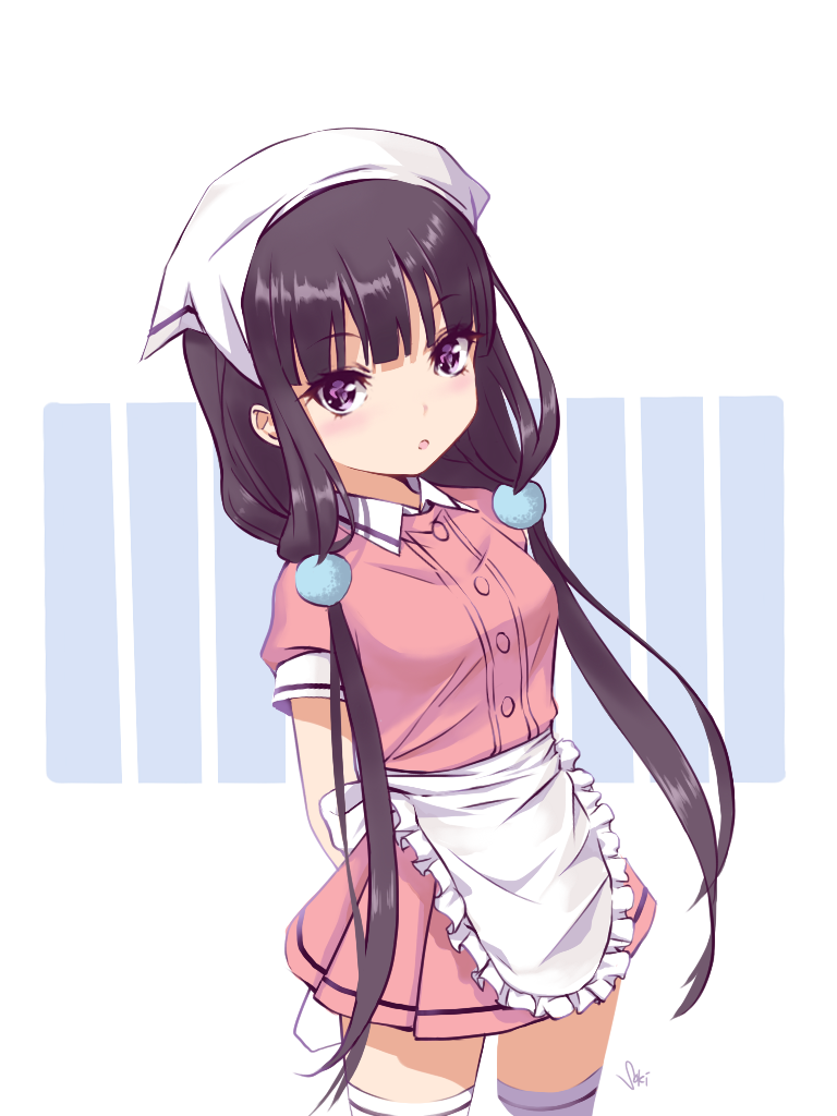 :o apron arms_behind_back artist_name bangs blend_s blunt_bangs blush breasts buttons cowboy_shot eyebrows_visible_through_hair frilled_apron frills hair_bobbles hair_ornament head_scarf long_hair looking_at_viewer low_twintails medium_breasts open_mouth pink_shirt pink_skirt pleated_skirt purple_eyes purple_hair sakuranomiya_maika shirt short_sleeves signature skirt solo sony_kisaragi standing stile_uniform thighhighs tsurime twintails two-tone_background very_long_hair waist_apron waitress white_apron white_legwear zettai_ryouiki