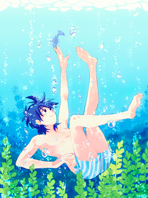 algae bare_arms bare_chest bare_legs black_eyes black_hair boxers bubble dragon_ball dragon_ball_z fish happy looking_up male_focus male_underwear outstretched_hand rochiko_(bgl6751010) short_hair smile son_goten underwater underwear
