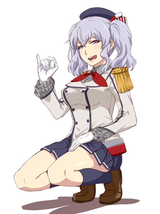 blue_legwear blue_skirt blush breasts brown_footwear collared_shirt epaulettes eyebrows_visible_through_hair full_body gloves grey_eyes grey_jacket grey_shirt hair_between_eyes handjob_gesture hat ishii_hisao jacket kantai_collection kashima_(kantai_collection) large_breasts licking_lips miniskirt neckerchief pinky_out pleated_skirt red_neckwear seductive_smile sexually_suggestive shirt shoes silver_hair simple_background skirt smile socks solo squatting tongue tongue_out twintails white_background white_gloves wing_collar