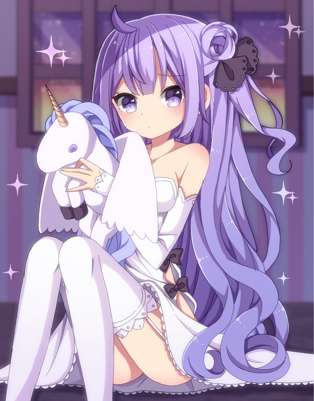 ass azur_lane collarbone commentary_request detached_sleeves dress garter_straps hair_bun highres long_hair looking_at_viewer one_side_up purple_eyes purple_hair sapphire_(sapphire25252) side_bun sitting solo stuffed_alicorn stuffed_animal stuffed_toy unicorn_(azur_lane) white_dress white_legwear