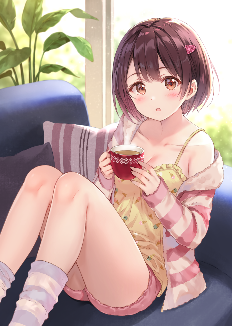 bangs blue_legwear blush breasts brown_eyes brown_hair collarbone commentary_request couch cup day eyebrows_visible_through_hair fukahire_(ruinon) hair_ornament holding holding_cup long_sleeves loungewear medium_breasts original parted_lips pillow pink_shorts pink_sweater plant shirt short_hair shorts shoulders sitting solo striped striped_hoodie striped_legwear striped_sweater sweater undressing window yellow_shirt