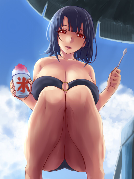 :d bangs bare_arms bare_legs bare_shoulders bikini blue_bikini blue_hair blue_sky blunt_bangs breasts check_character cleavage cloud day feet_out_of_frame food holding holding_food holding_spoon ice_cream ice_cream_spoon ishii_hisao kantai_collection knees_together_feet_apart large_breasts light_smile looking_at_viewer o-ring o-ring_bikini open_mouth outdoors parasol parted_lips red_eyes short_hair sky smile solo spoon squatting swimsuit takao_(kantai_collection) umbrella