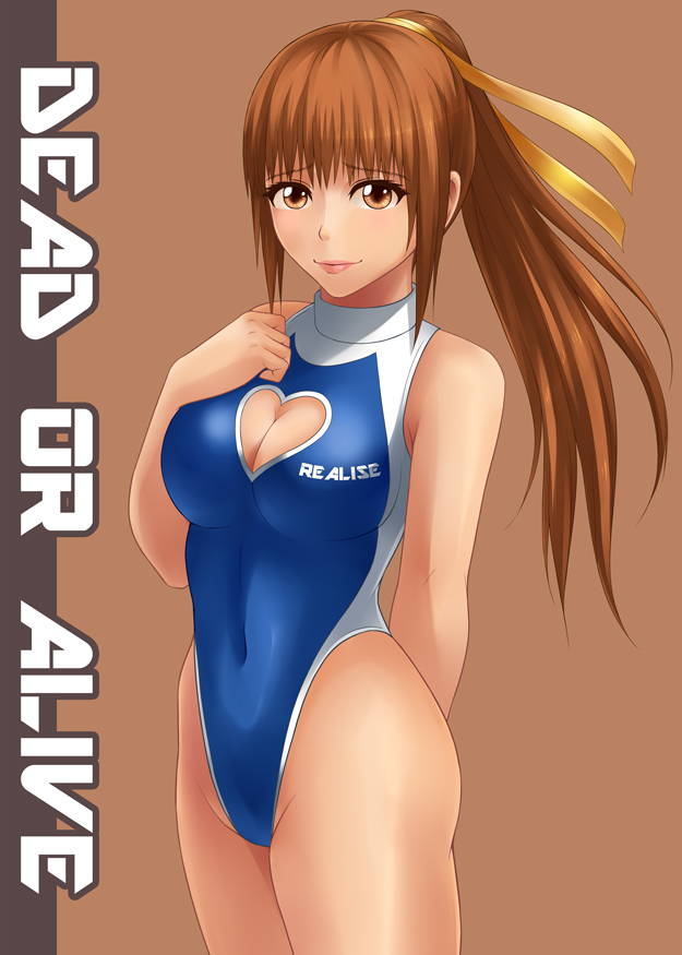 blue_leotard breasts brown_background brown_eyes brown_hair cleavage cleavage_cutout copyright_name cowboy_shot dead_or_alive hair_ribbon highleg highleg_swimsuit kasumi_(doa) leotard lips looking_at_viewer medium_breasts one-piece_swimsuit ponytail ribbon simple_background smile solo standing swimsuit yellow_ribbon yoshinobu
