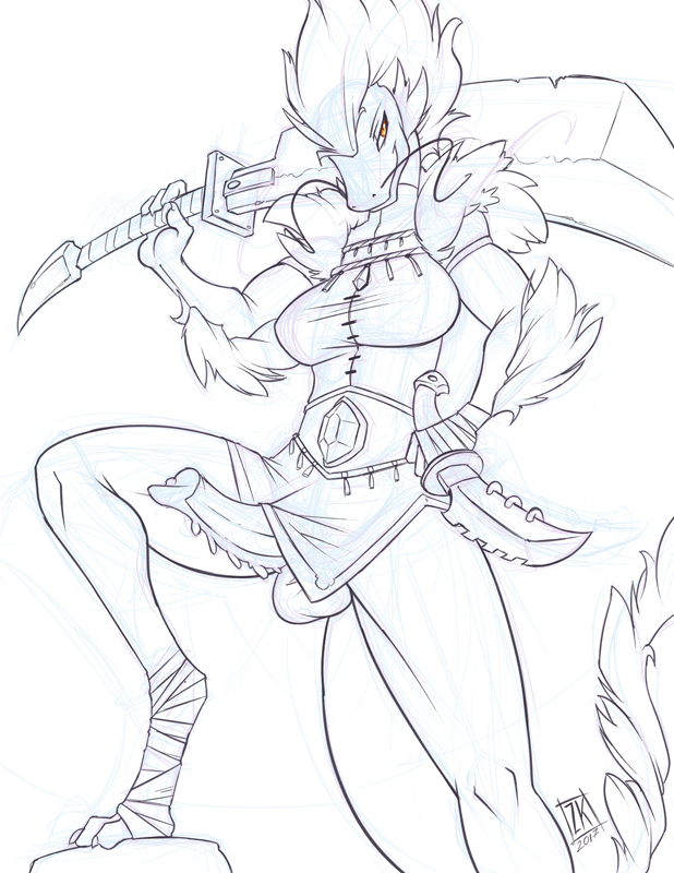 2017 anthro balls clothed clothing dickgirl dragon eastern_dragon erection hair holding_object holding_weapon intersex melee_weapon monochrome penis sketch solo sword weapon zwitterkitsune