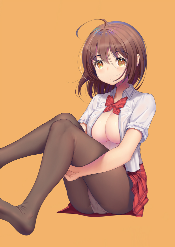 ahoge black_legwear blush bow breasts brown_hair cleavage closed_mouth collared_shirt eyebrows_visible_through_hair frown knees_up large_breasts leg_hug lens_flare looking_at_viewer miniskirt no_bra no_pupils no_shoes open_clothes open_shirt orange_background original panties panties_under_pantyhose pantyhose pantyshot pantyshot_(sitting) plaid plaid_skirt red_bow red_neckwear red_skirt school_uniform shirt short_hair short_sleeves simple_background sitting skirt solo tareme underwear upskirt white_panties white_shirt wing_collar xiaosan_ye