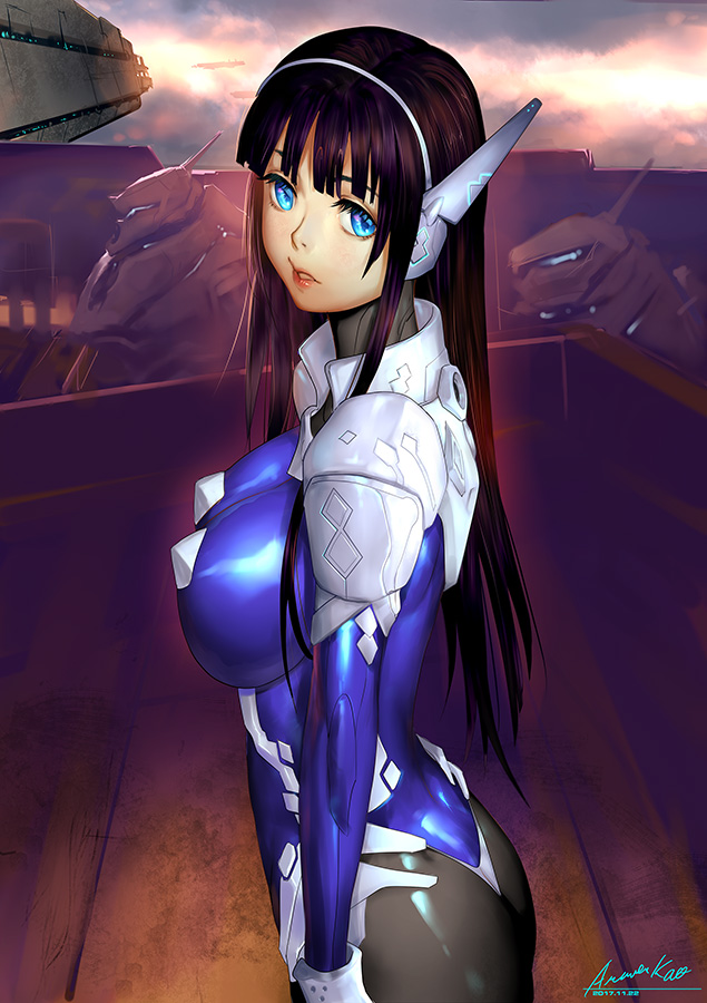 ariverkao black_hair blue_eyes bodysuit breasts cloud cowboy_shot dated from_side headgear large_breasts lips long_hair looking_at_viewer original parted_lips science_fiction signature solo standing