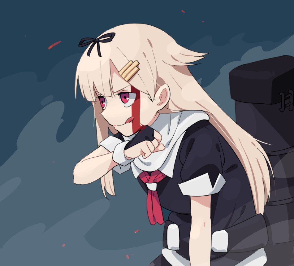 :q arm_at_side black_ribbon blonde_hair blood blood_on_face blue_background clenched_hand closed_mouth eyebrows_visible_through_hair from_side hair_flaps hair_ornament hair_ribbon hairclip kantai_collection leaning_forward long_hair machinery red_eyes remodel_(kantai_collection) ribbon smile solo tongue tongue_out tonmoh wiping_face yuudachi_(kantai_collection)