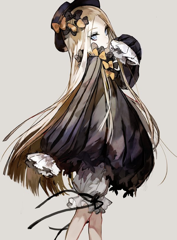 abigail_williams_(fate/grand_order) black_bow black_dress black_ribbon blonde_hair blue_eyes bow closed_mouth commentary dress dress_bow eyebrows_visible_through_hair fate/grand_order fate_(series) feet_out_of_frame frilled_sleeves frills from_side gothic_lolita grey_background hair_bow hand_up hat lolita_fashion long_hair long_sleeves looking_at_viewer mo_(mocopo) orange_bow ribbon sleeves_past_fingers sleeves_past_wrists solo too_many_bows