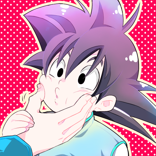 black_eyes black_hair cheek_pinching chinese_clothes dragon_ball dragon_ball_z hands looking_away lowres male_focus out_of_frame pinching red_background rochiko_(bgl6751010) short_hair simple_background solo_focus son_goten spiked_hair white_background