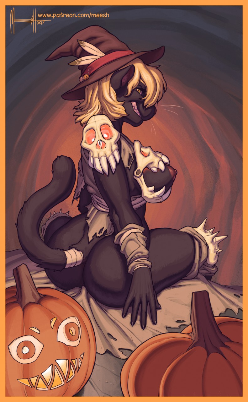 black_fur blonde_hair bottomless breasts butt cat clothed clothing feathers feline female food fruit fur hair halloween hat holidays jack-o'-lantern magic_user mammal meesh night pumpkin skull smile witch