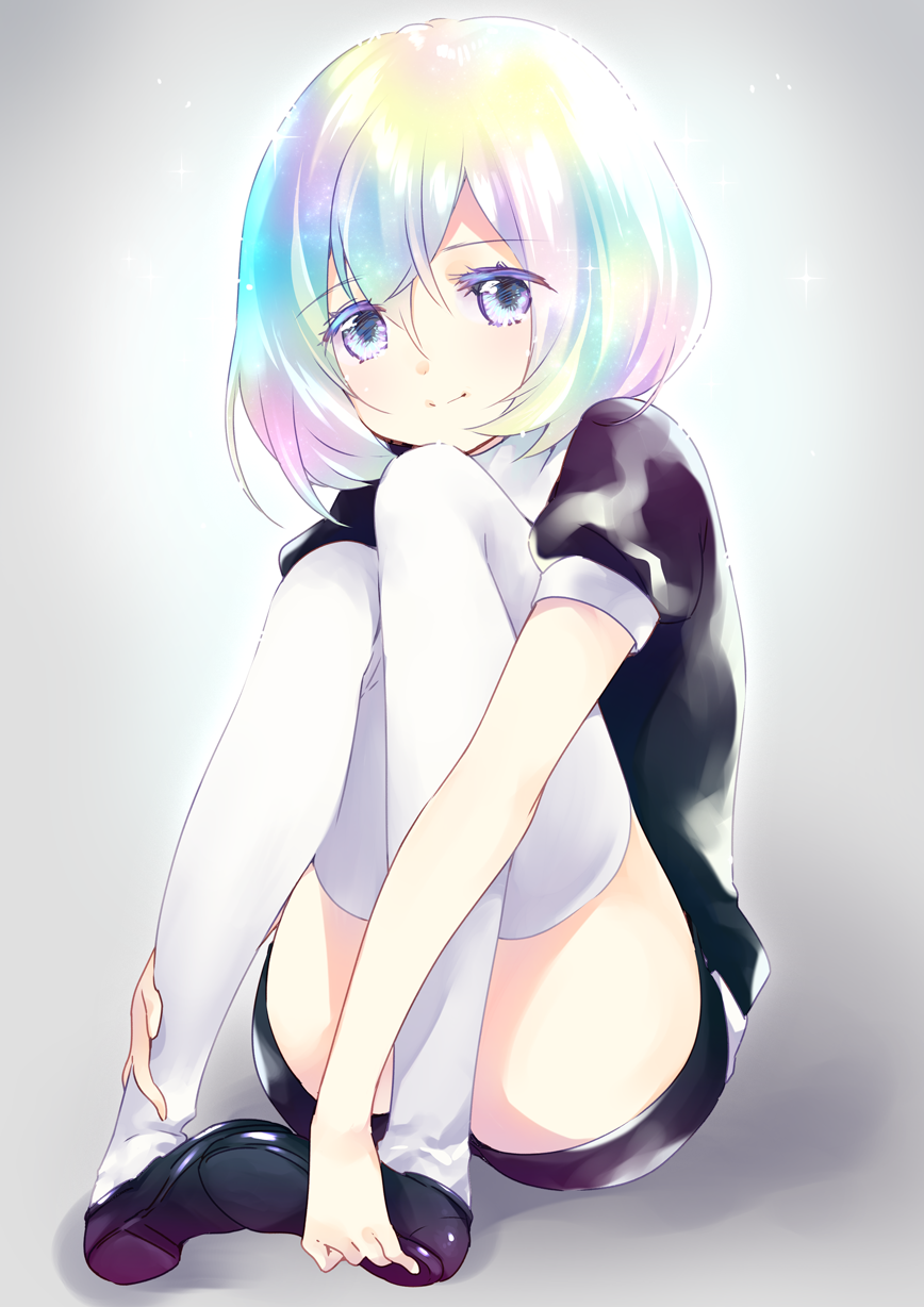 androgynous black_footwear black_shorts collared_shirt diamond_(houseki_no_kuni) ech full_body gem_uniform_(houseki_no_kuni) highres houseki_no_kuni looking_at_viewer multicolored multicolored_eyes multicolored_hair shirt shoes short_hair short_sleeves shorts simple_background sitting smile solo thighhighs uniform white_legwear
