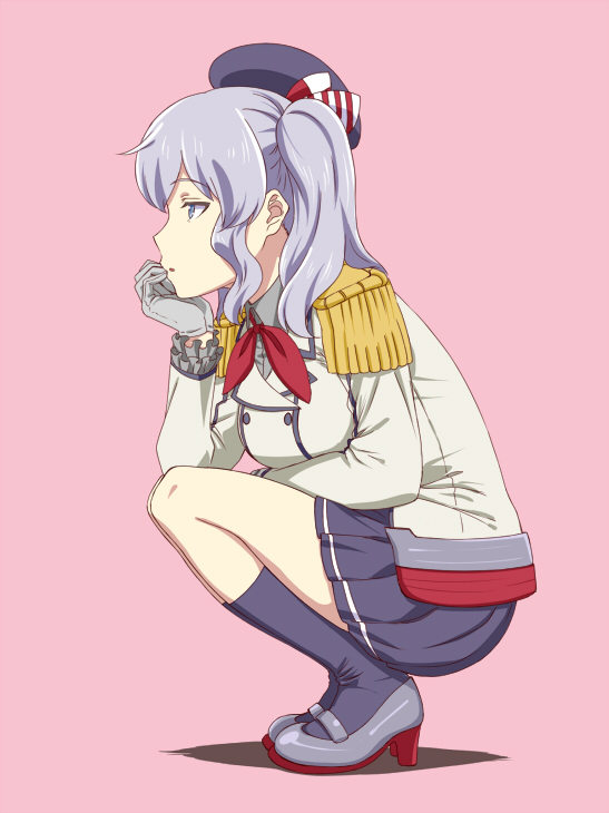 blue_eyes blue_footwear blue_hair blue_skirt chin_rest collared_shirt epaulettes frilled_sleeves frills from_side full_body gloves grey_footwear grey_gloves grey_jacket grey_shirt hat high_heels ishii_hisao jacket kantai_collection kashima_(kantai_collection) long_sleeves mary_janes neckerchief parted_lips pink_background pleated_skirt profile shirt shoes simple_background skirt solo squatting twintails wing_collar