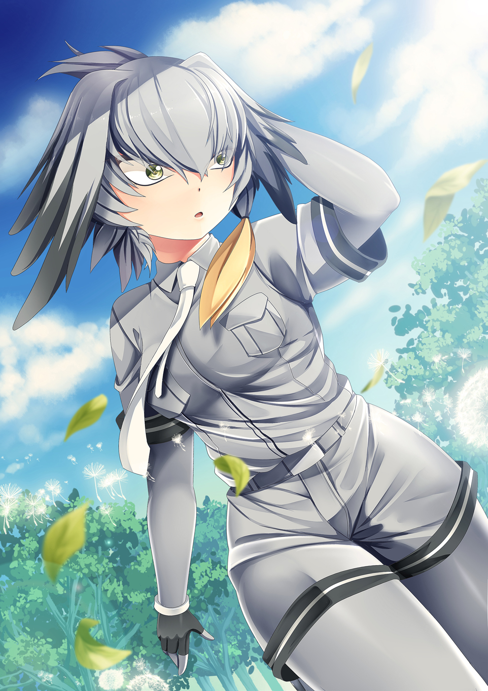 bangs belt black_gloves blue_sky bodystocking breast_pocket cloud commentary_request dandelion dandelion_seed day dot_nose dutch_angle fingerless_gloves flower gloves green_eyes grey_hair grey_shirt grey_shorts hair_between_eyes hand_in_hair head_wings highres kemono_friends leaf long_sleeves looking_away nature necktie open_mouth outdoors pocket shirt shoebill_(kemono_friends) short_over_long_sleeves short_sleeves shorts sky solo tree white_neckwear wind yasume_yukito
