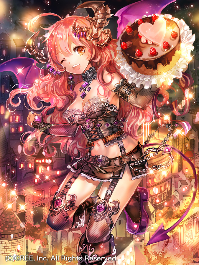 :d bad_id bad_pixiv_id bangs black_skirt boots breasts brown_footwear cake chocolate choker city cleavage demon_girl demon_horns demon_tail food fruit garter_straps hair_between_eyes high_heel_boots high_heels horns jewelry light_particles long_hair looking_at_viewer medium_breasts microskirt midriff navel necklace night official_art one_eye_closed open_mouth orange_eyes outdoors pink_hair rioka_(southern_blue_sky) seisen_cerberus skirt smile solo strawberry tail