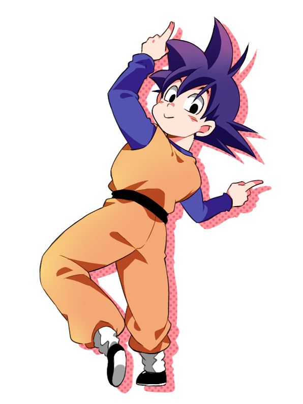 black_eyes black_hair dancing dougi dragon_ball dragon_ball_z happy index_finger_raised leg_up long_sleeves looking_at_viewer looking_back male_focus rochiko_(bgl6751010) simple_background smile solo son_goten standing standing_on_one_leg white_background