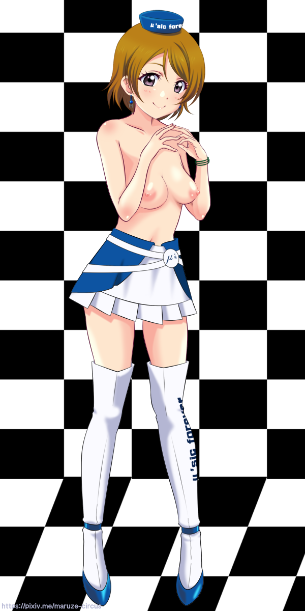 blush boots breasts brown_hair checkered checkered_background checkered_floor collarbone earrings hat highres jewelry koizumi_hanayo love_live! love_live!_school_idol_project maruze_circus medium_breasts miniskirt navel nipples no_bra purple_eyes race_queen skirt smile solo thigh_boots thighhighs
