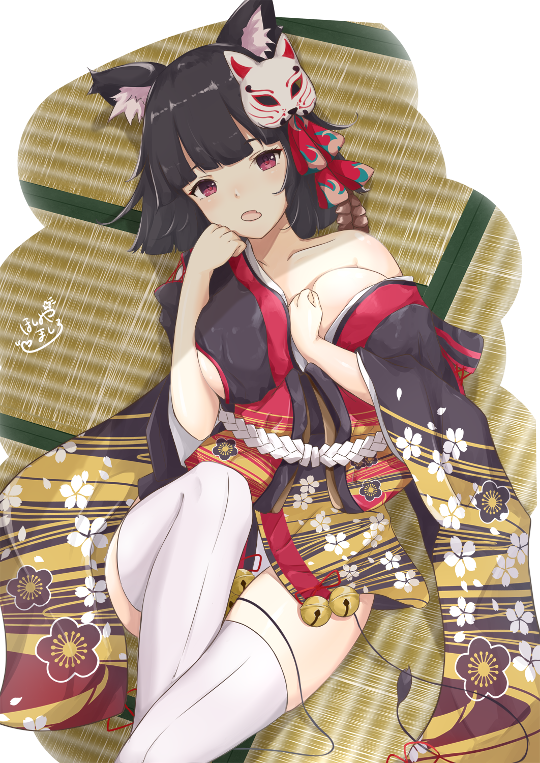 animal_ears azur_lane bell black_hair breasts cat_ears cat_mask cleavage collarbone commentary_request highres hoshimiya_mashiro japanese_clothes large_breasts looking_at_viewer lying mask mask_on_head open_mouth red_eyes short_hair solo tatami thighhighs white_legwear yamashiro_(azur_lane) zettai_ryouiki