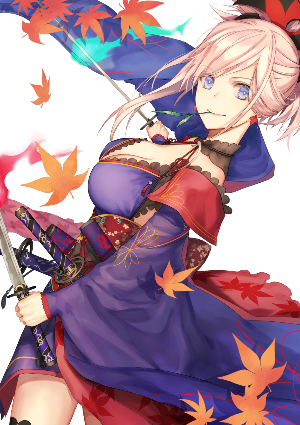 asymmetrical_hair autumn_leaves black_legwear blue_eyes blue_kimono breasts cleavage detached_sleeves dual_wielding earrings fate/grand_order fate_(series) grass hair_ornament heri_(sniper579) highres holding holding_sword holding_weapon japanese_clothes jewelry katana kimono large_breasts leaf leaf_print magatama miyamoto_musashi_(fate/grand_order) obi pink_hair ponytail sash sheath short_kimono simple_background sleeveless sleeveless_kimono solo sword thighhighs unsheathed weapon white_background wide_sleeves