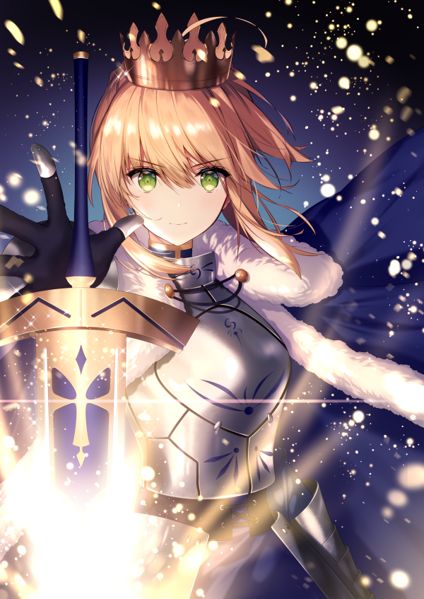 ahoge armor armored_dress artoria_pendragon_(all) blonde_hair blue_cape cape closed_mouth coat commentary_request crown excalibur fate/stay_night fate_(series) floating floating_object fur-trimmed_cape fur_trim gauntlets glowing glowing_sword glowing_weapon green_eyes hair_bun light_particles looking_at_viewer necomi outstretched_arm outstretched_hand saber short_hair solo sword weapon