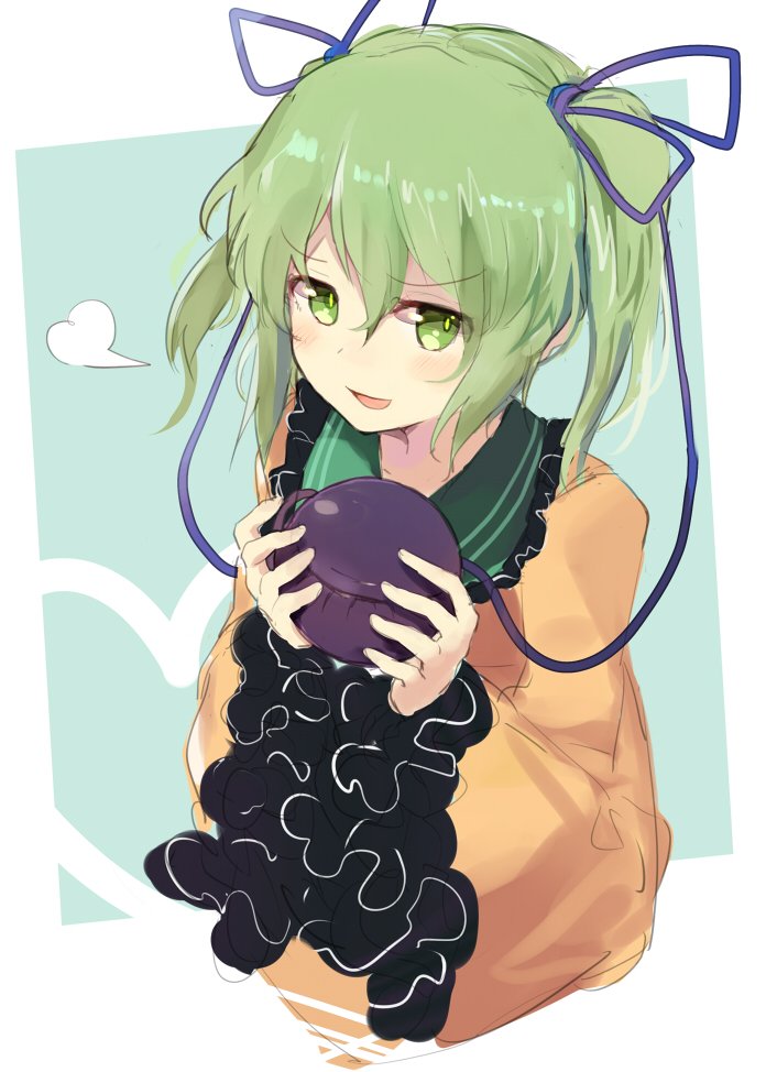 =3 alternate_hairstyle frilled_sleeves frills green_eyes green_hair holding komeiji_koishi looking_at_viewer parted_lips shirt smile solo third_eye touhou two_side_up upper_body wide_sleeves yellow_shirt yosu