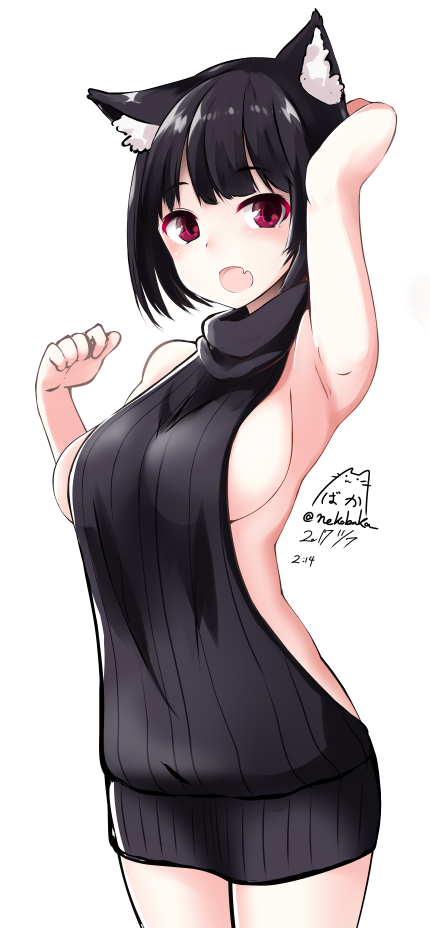 :d alternate_costume animal_ears arm_behind_head armpits arms_up azur_lane backless_outfit bangs bare_arms bare_shoulders black_hair black_sweater blunt_bangs blush breasts cat_ears colored_eyelashes cowboy_shot dated eyebrows_visible_through_hair fang looking_at_viewer medium_breasts meme_attire nekobaka open_mouth red_eyes short_hair sideboob signature simple_background sleeveless sleeveless_turtleneck smile solo standing sweater turtleneck turtleneck_sweater twitter_username virgin_killer_sweater white_background yamashiro_(azur_lane)