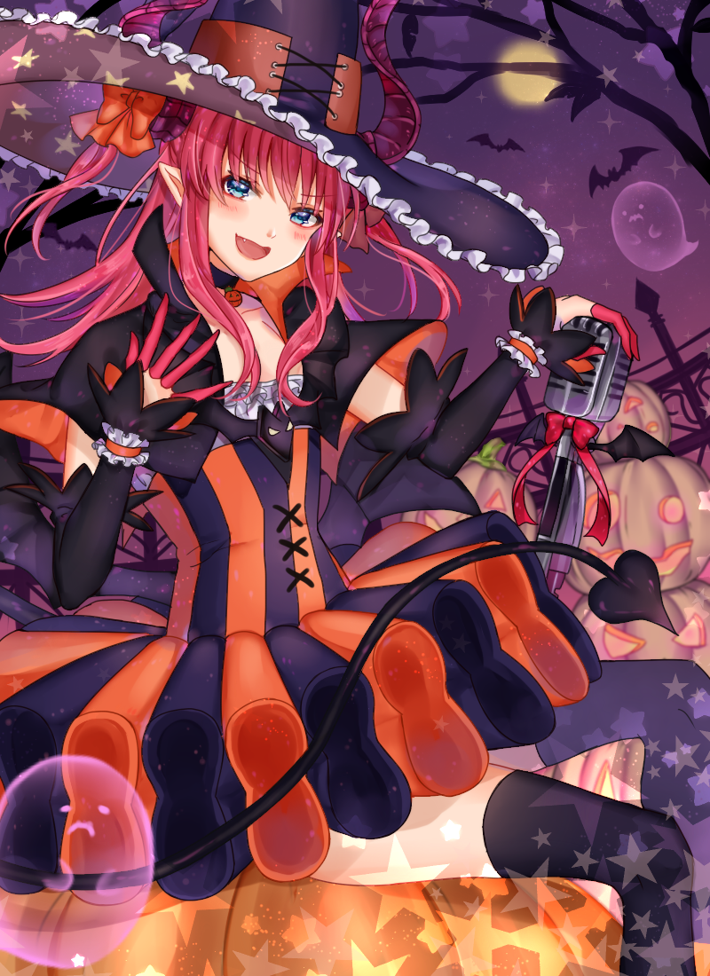 :d azaka_(rionrita) bat bat_wings black_legwear blue_eyes blush capelet detached_sleeves dress elizabeth_bathory_(fate) elizabeth_bathory_(fate)_(all) elizabeth_bathory_(halloween)_(fate) fang fate/grand_order fate_(series) ghost halloween hat horns long_hair looking_at_viewer micro_bikini_top open_mouth pumpkin sidelocks smile solo striped thighhighs vertical-striped_dress vertical_stripes wings witch_hat