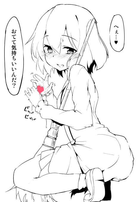 1girl animal_ears bangs blush broom censored cum cum_on_body cum_on_upper_body disembodied_penis dress eyebrows_visible_through_hair from_side full_body hair_between_eyes handjob heart heart_censor hetero kasodani_kyouko long_sleeves monochrome nose_blush open_mouth penis shoes short_hair simple_background solo_focus spoken_heart spot_color squatting sweat tail tera_zip touhou translation_request two-handed_handjob white_background