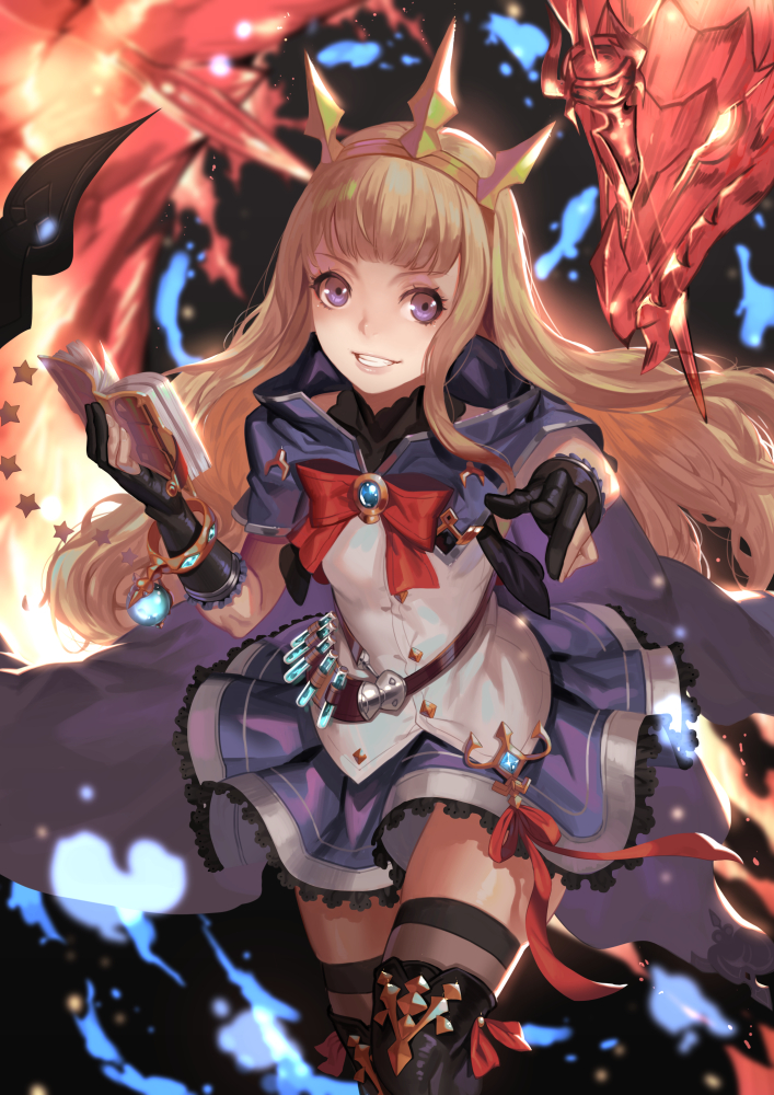 bangs black_footwear black_gloves black_legwear blonde_hair blunt_bangs book boots bow bowtie cagliostro_(granblue_fantasy) cowboy_shot deras dress gloves granblue_fantasy hairband holding holding_book long_hair looking_at_viewer parted_lips pointing pointing_at_viewer purple_eyes red_neckwear short_sleeves smile solo standing thigh_boots thighhighs